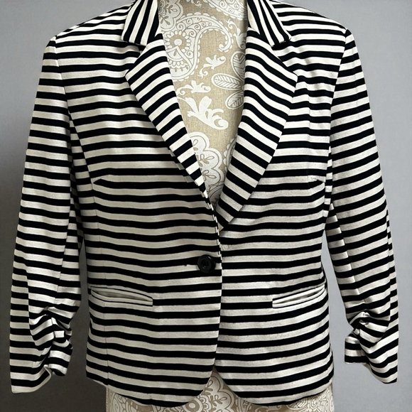 Ellen Tracy Black White Striped Blazer Jacket Women’s Medium Stretch Career - Picture 14 of 14